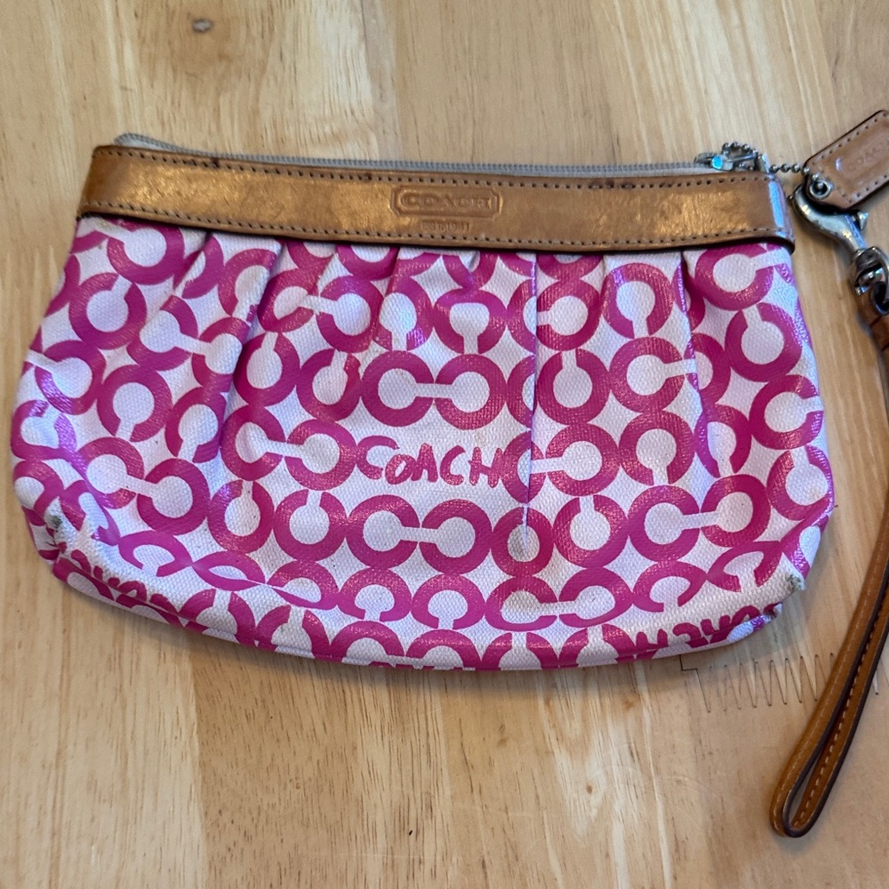 Coach Pink Signature 'C' Pattern Wristlet with Tan Leather Trim